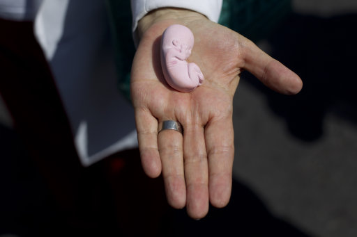 An anti-abortion activist shows a plastic doll depicting a fetus during a protest against Mexico's Supreme Court in Mexico City, Monday, Sept. 26, 2011. The Supreme Court began discussions this week to consider whether state governments can legislate on abortion. Abortion in Mexico City is legal before the fourth month of pregnancy, since 2009. (AP Photo/Moises Castillo)