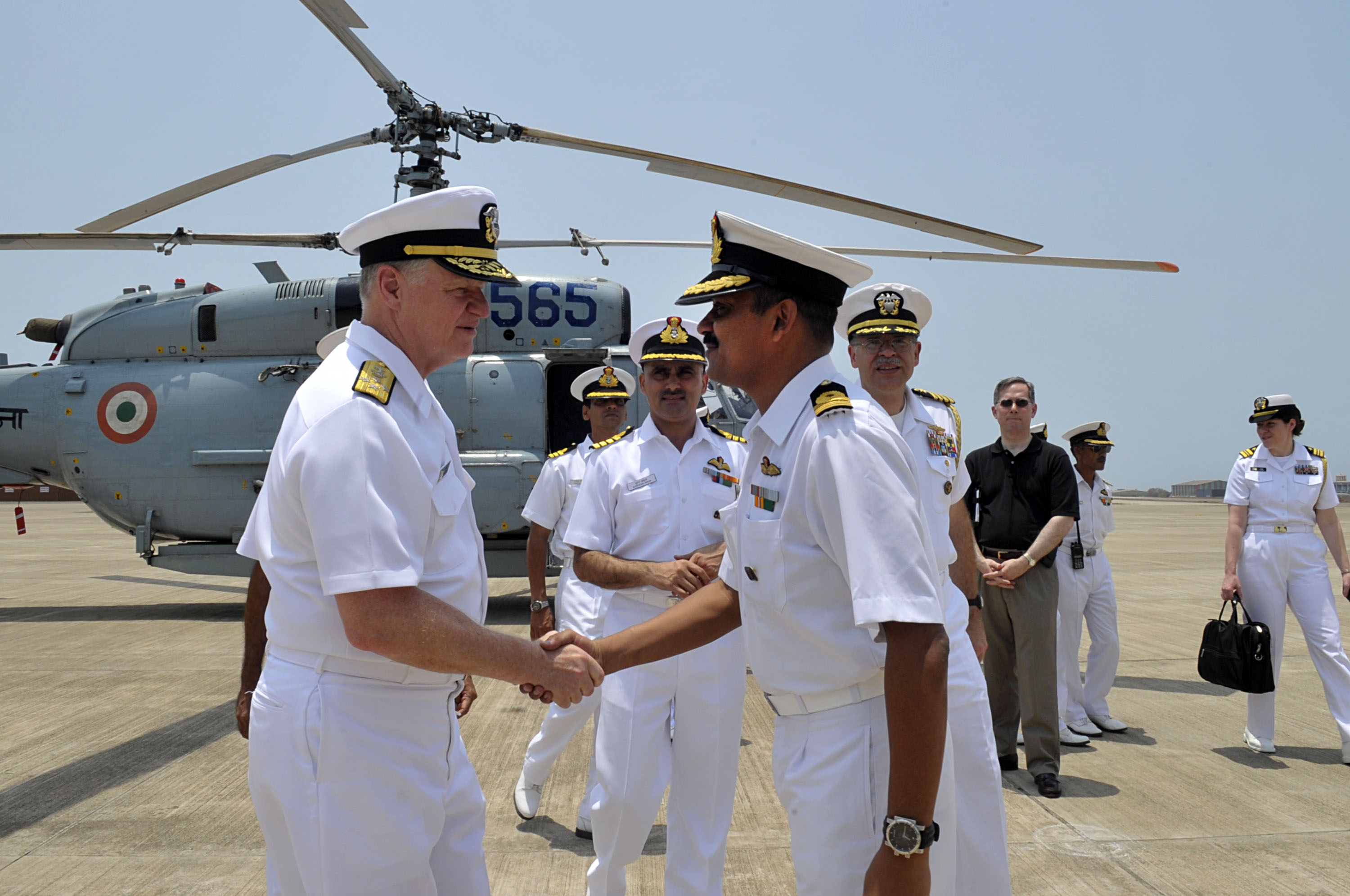 100414-N-8273J-169
GOA, India (April 14, 2010) Chief of Naval Operations (CNO) Adm. Gary Roughead thanks senior leaders of the Indian Navy while visiting with Sailors at INS Hansa in Goa, India. (U.S. Navy photo by Mass Communication Specialist 1st Class Tiffini Jones Vanderwyst/Released)