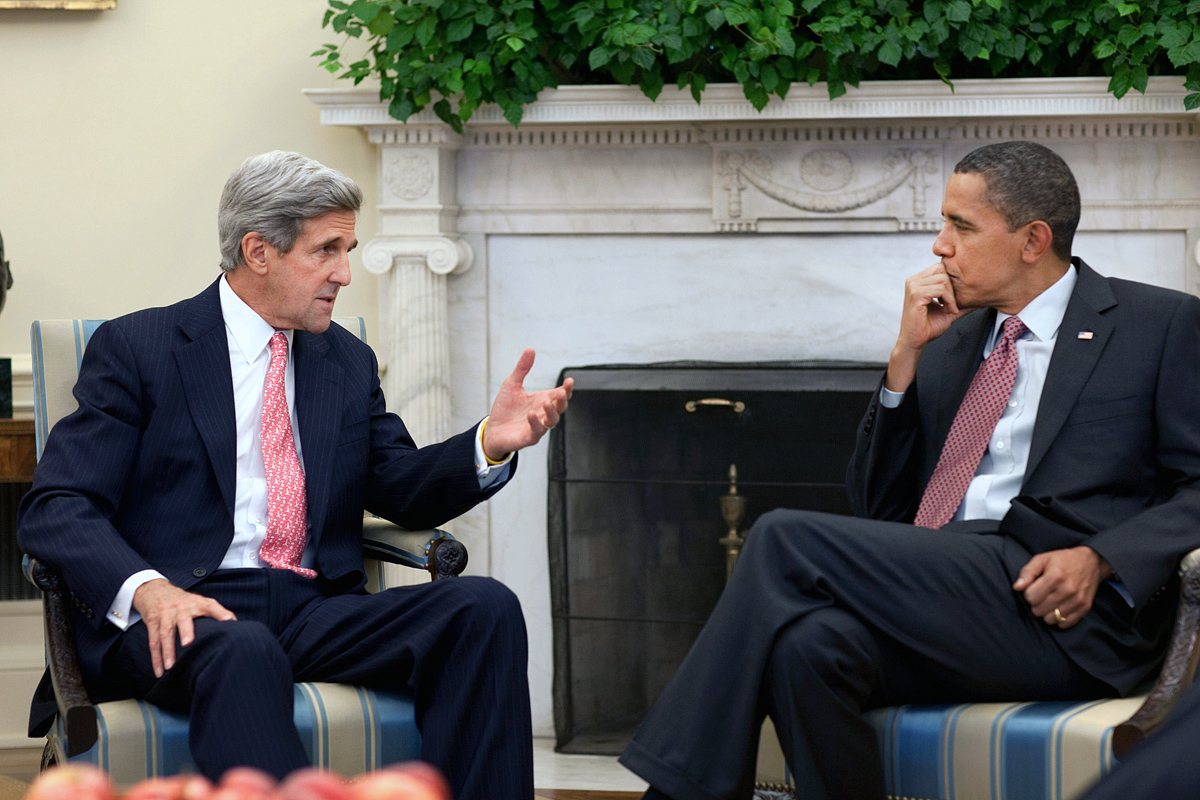 President Barack Obama meets in the Oval Office with Senator John Kerry, D-Mass., who recently returned from Afghanistan,  Oct. 21, 2009.   Official White House Photo by Pete Souza.

This official White House photograph is being made available only for publication by news organizations and/or for personal use printing by the subject(s) of the photograph. The photograph may not be manipulated in any way and may not be used in commercial or political materials, advertisements, emails, products, promotions that in any way suggests approval or endorsement of the President, the First Family, or the White House.